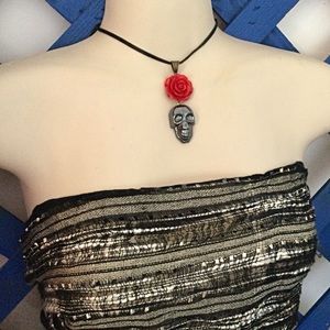 Gothic Skull Rose Necklace, Leather Tie, Hematite Skull, Gothic Necklace